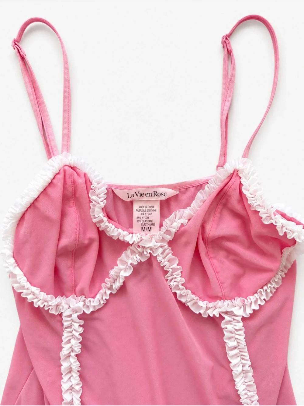 La Vie en Rose Pink Sheer Mesh Ruffle Trim Babydoll Camisole Top Medium - Picture 5 of 5